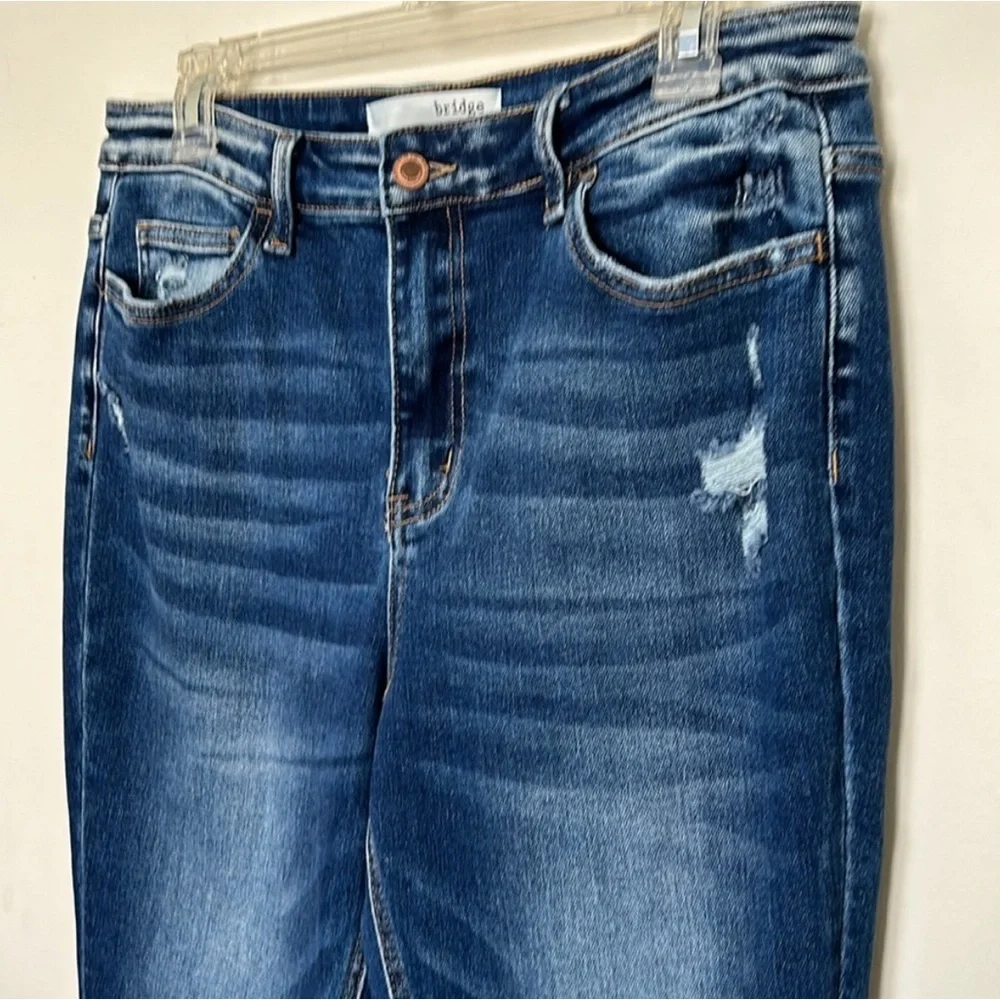 Bridge by Gly Buckle medium wash distressed bootcut flare jeans size 12 long - Picture 3 of 4
